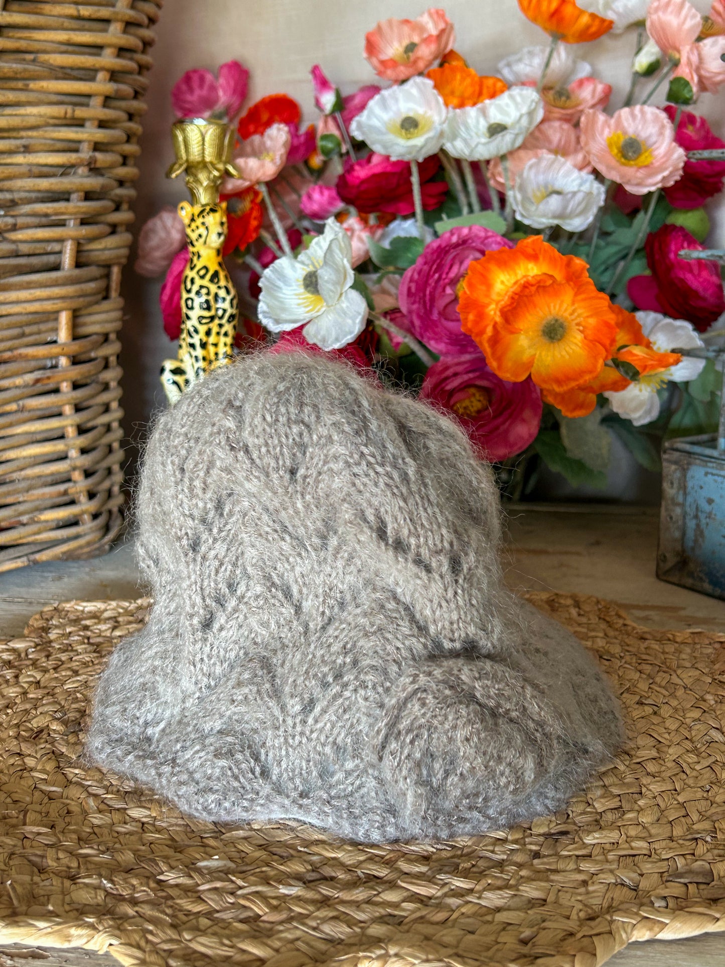 Winter Woolies- Grey Wool Beanie with Rosette